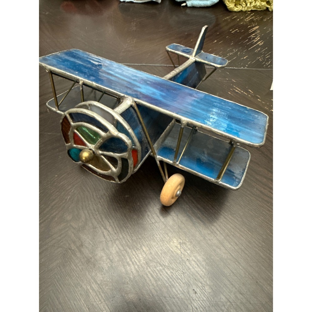 Stained Glass Biplane Model Airplane Sculpture Blue Multi Color Handcrafted Art